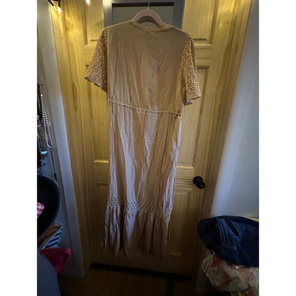 Fashion Womens Tan Bohemian Lace Crochet Sleeve Drawstring Maxi Dress Size S - Picture 3 of 7